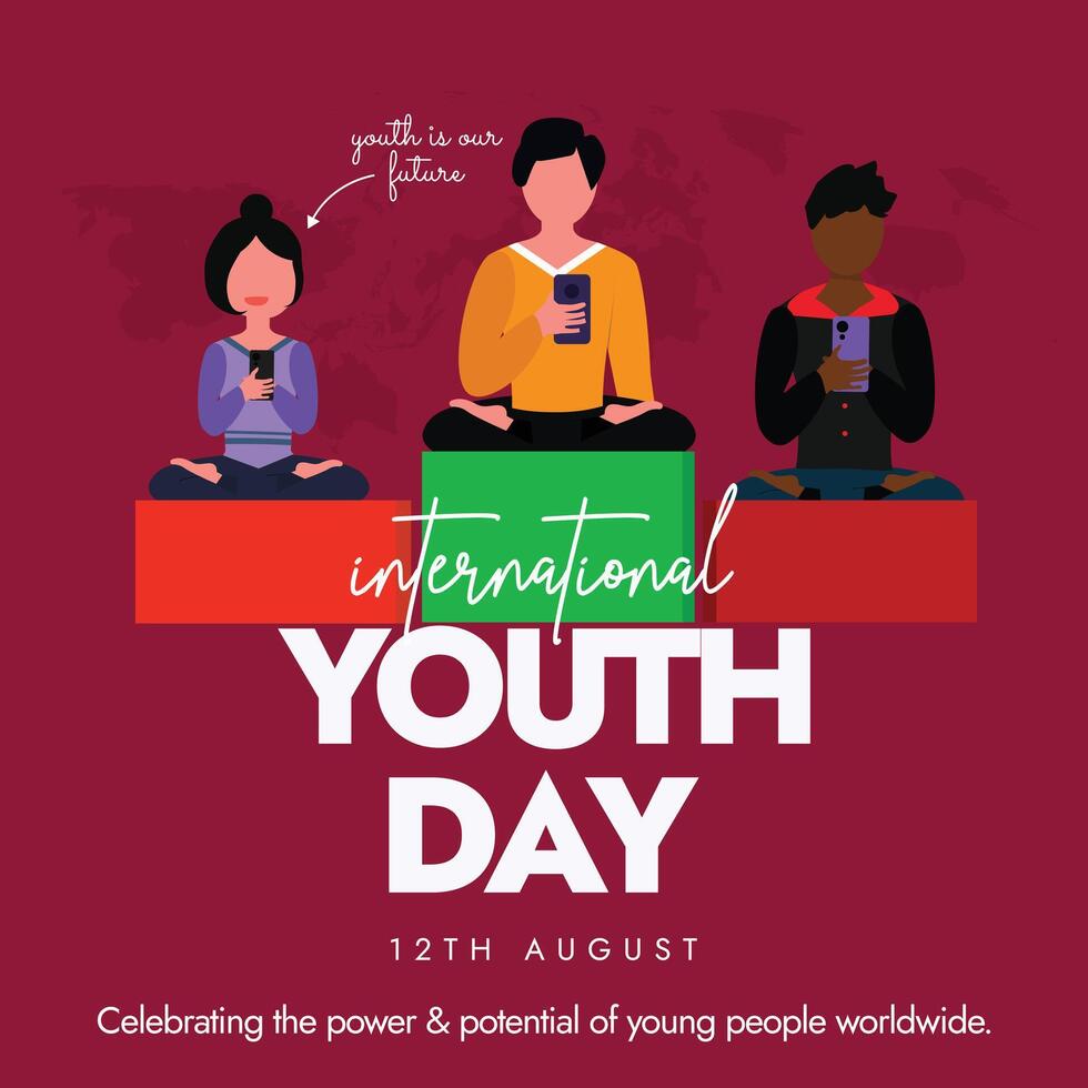 International Youth Day 12th august celebration banner. Youth day conceptual banner with young kids sitting and holding smartphones. The for 2024 is Youth Innovation for Human and Planetary Health. vector