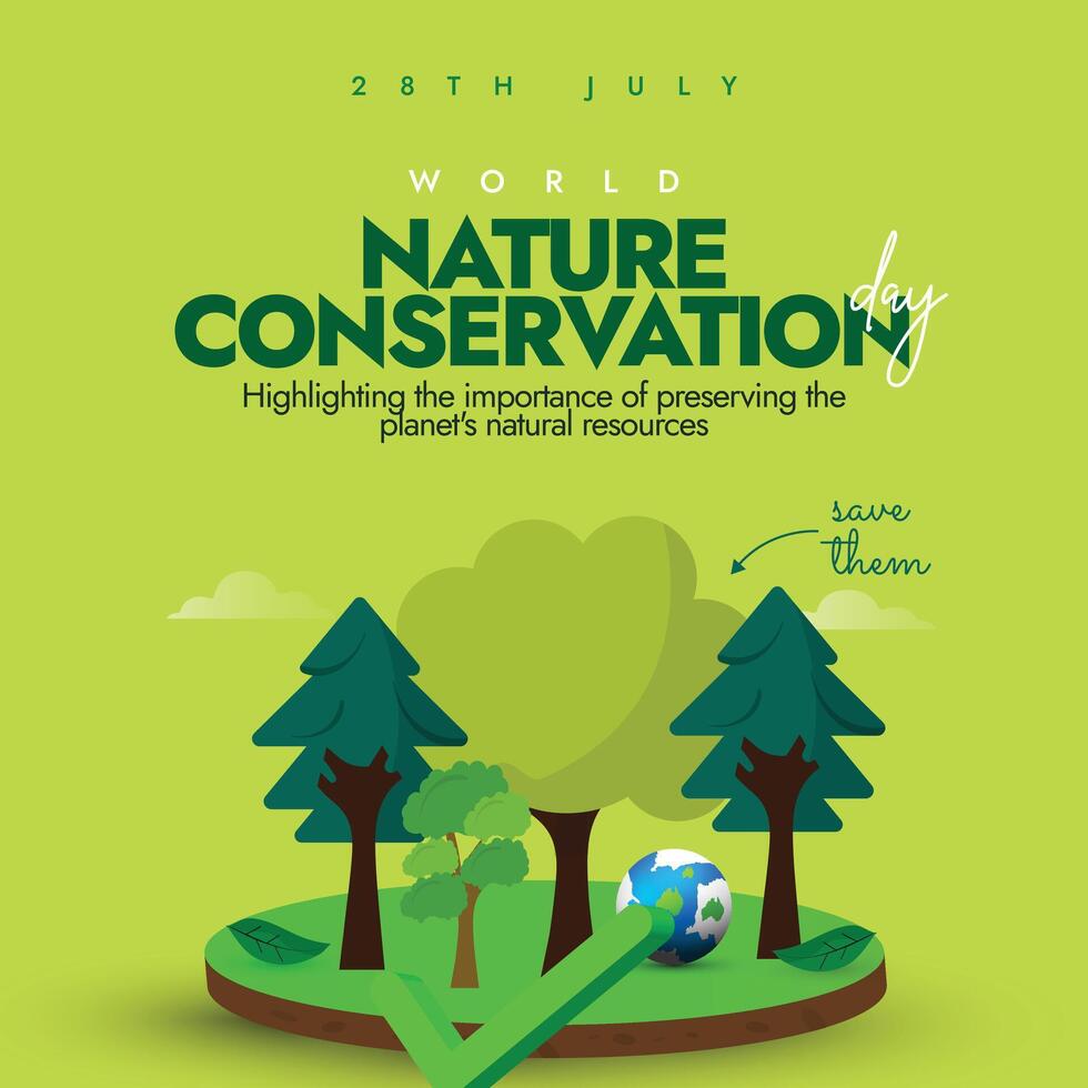World Nature conservation day. 28th July Nature conservation day celebration banner with trees, earth globe. The day is to raise awareness about preserving, protecting our natural resources, ecosystem vector