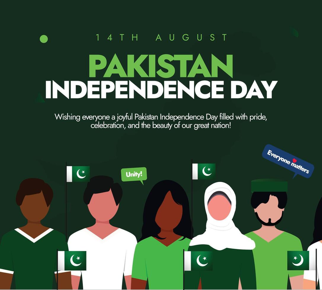 Pakistan Independence Day. 14th August Pakistan independence day celebration banner with people of different ethnic celebrating the day holding its flags. 77th independence day in 2024. vector