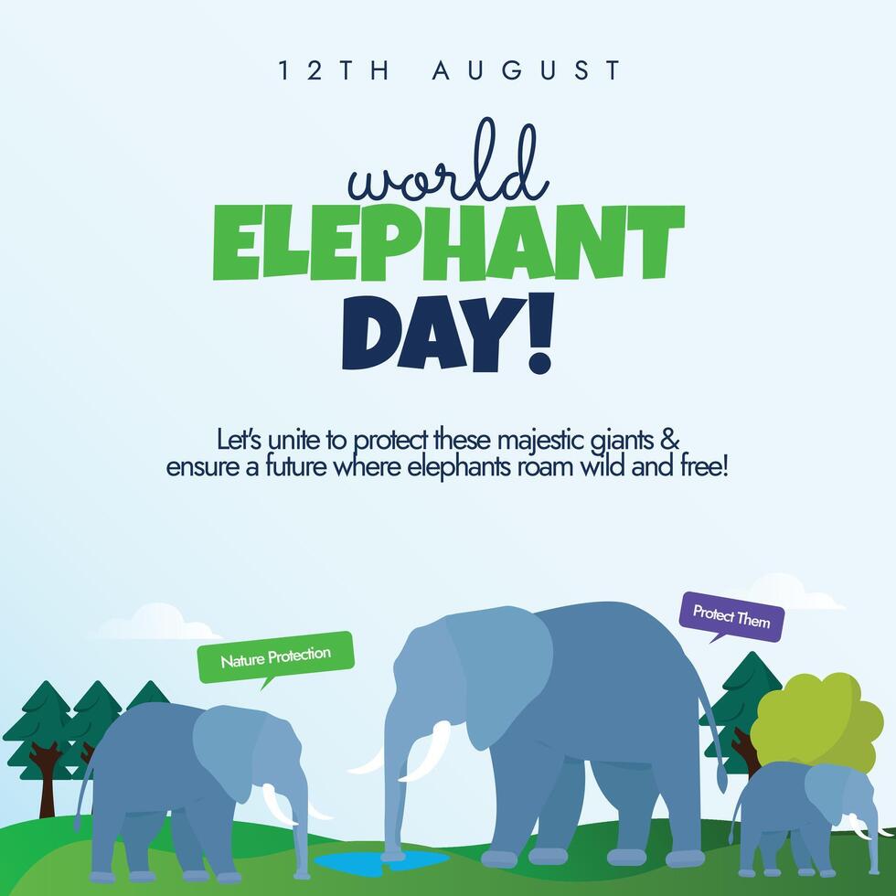 World Elephant day. 12th August Elephant day celebration banner, post with a herd of elephants in a forest. The day aimed at protecting wild elephants and their habitats from threats they face. vector