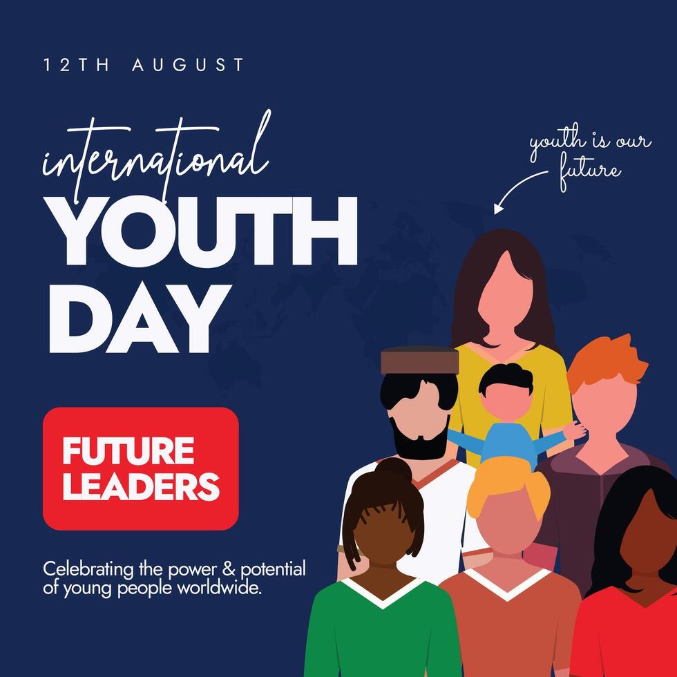 International Youth Day. August 12th Youth day celebration banner with young people of different ethnic. The day is celebrated to draw attention to different cultural, legal issues surrounding youth. vector