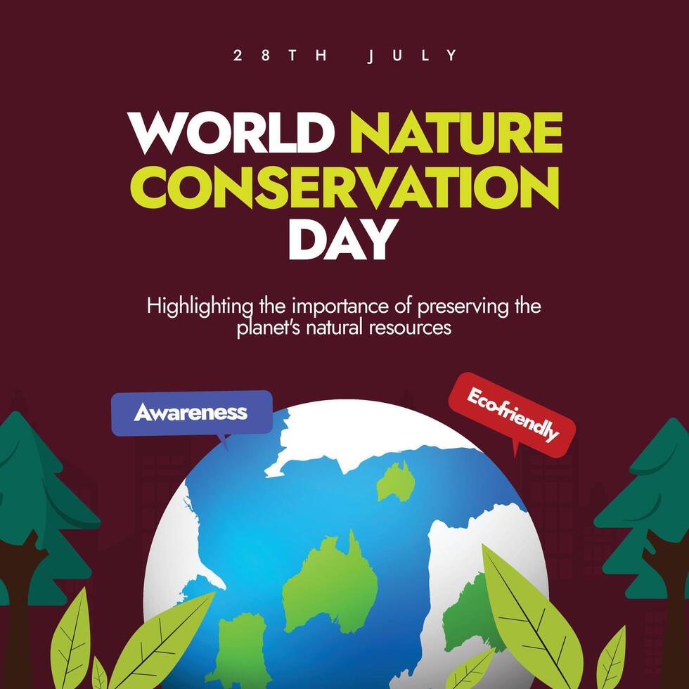 World Nature Conservation Day. 28th July Nature conservation day awareness banner with earth globe, tress, leaves. The theme for 2024 is Exploring Digital Innovation in Wildlife Conservation. vector
