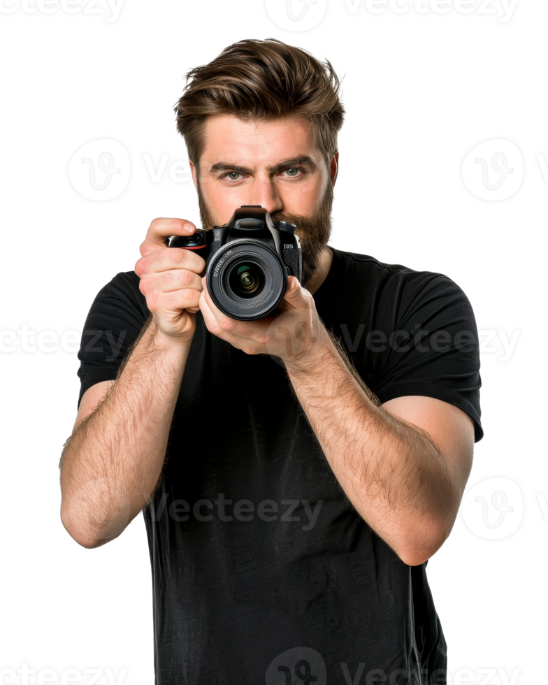 Bearded man with brown hair is holding a camera, pointing it towards the viewer photography Transparent Background png