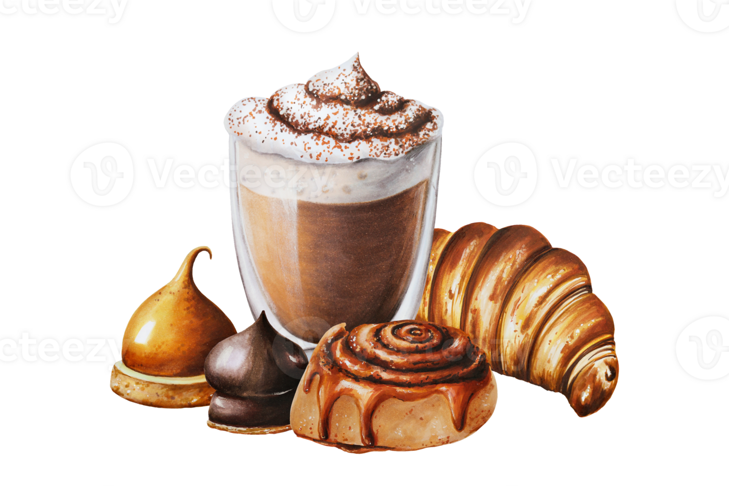 Fluffy foam mocha illustration coffee in a glass cup with cinnamon bun, marshmallows in chocolate, croissant. Hand painting on isolated background. For designers, menu, shop, bar, bistro, restaurant png