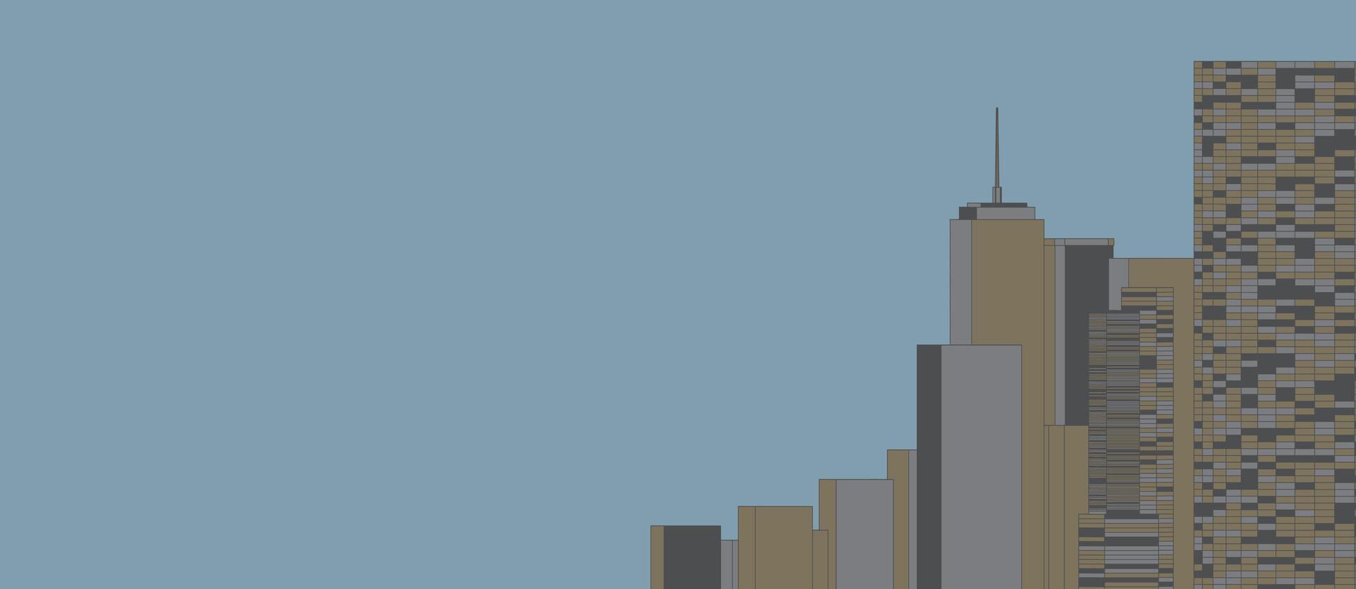 Experience a sleek and minimalist cityscape illustration in flat design, showcasing the iconic skyline of a bustling urban center. vector