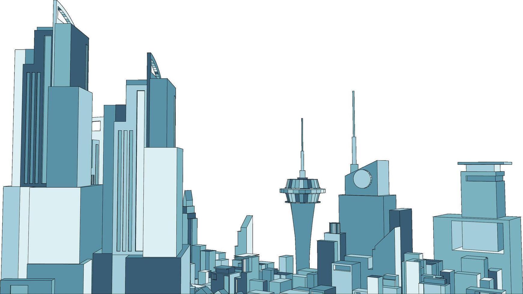 3D illustration of a bustling urban cityscape, featuring towering buildings and a dynamic skyline. vector