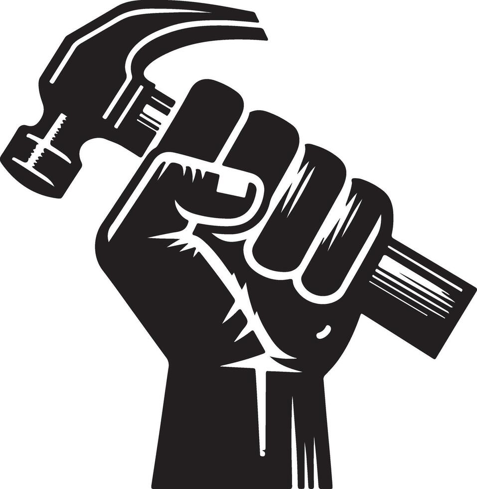 a black and white illustration of a fist holding a hammer vector