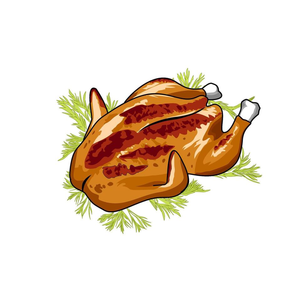 A whole roasted chicken cooked with a torch, complete with a rosemary leaf garnish. vector