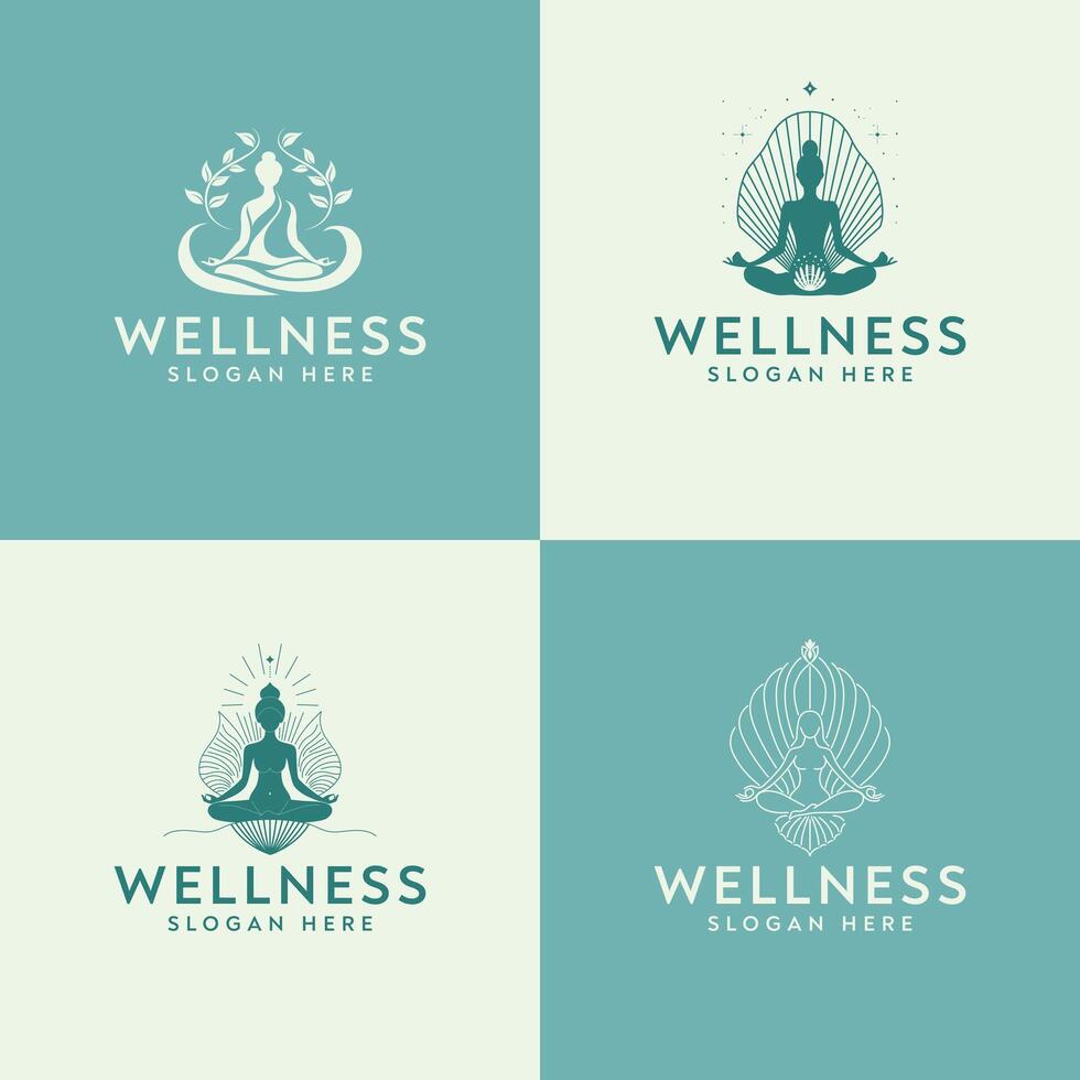 Explore four logos for a wellness business featuring a woman in lotus pose, symbolizing serenity and health. Ideal for yoga studios and holistic health practices. vector