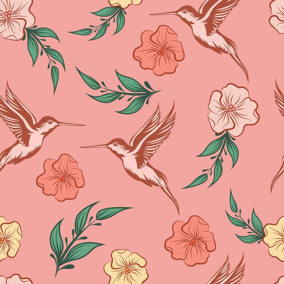 Pattern design featuring whimsical hybrid birds and flowers in pink hues. Perfect for adding a touch of charm to textiles, stationery, and digital projects. Elegant and unique. vector