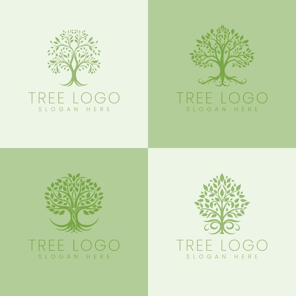 Four unique logo designs featuring trees, each embodying elegance and nature's resilience. Perfect for eco-friendly brands and outdoor enthusiasts seeking a distinctive visual identity. vector