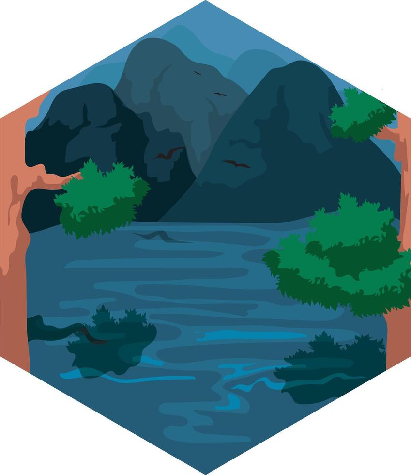 landscape of lake with mountains simple modern art design vector