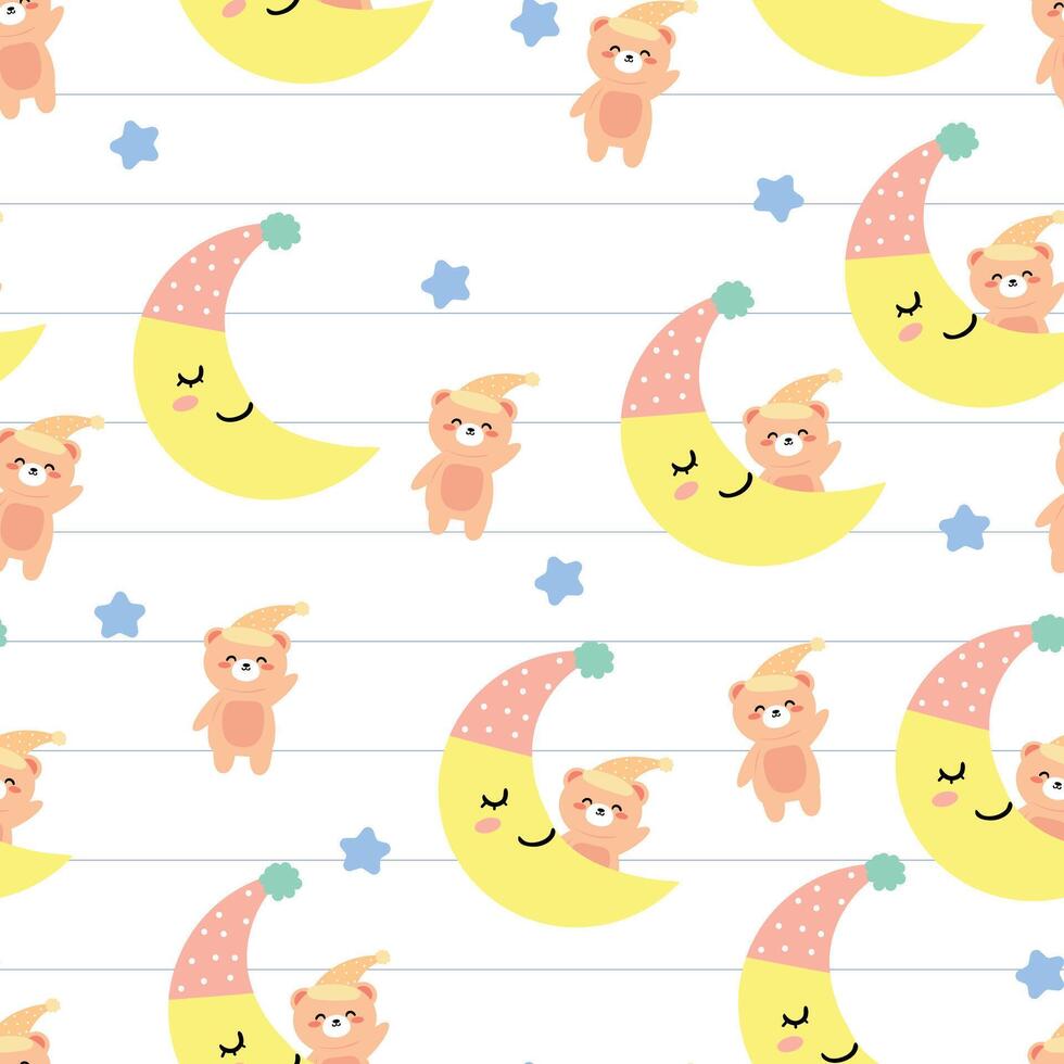 Seamless pattern with cute cartoon bears and sleeping moon, for fabric prints, textiles, gift wrapping paper. children's colorful , flat style vector