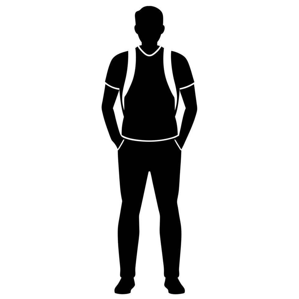 a man with a backpack keeps his hands on the waist raised on hand high above his head front view isolated white background vector
