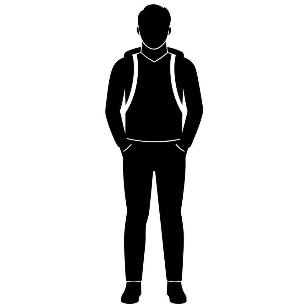 a man with a backpack keeps his hands on the waist raised on hand high above his head front view isolated white background vector