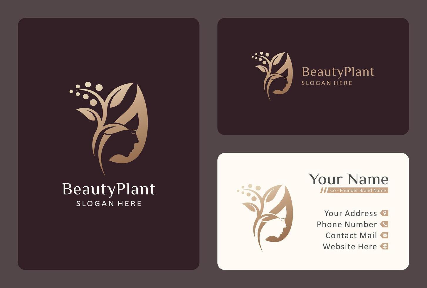 beautiful face with leaf logo design in gold color. vector