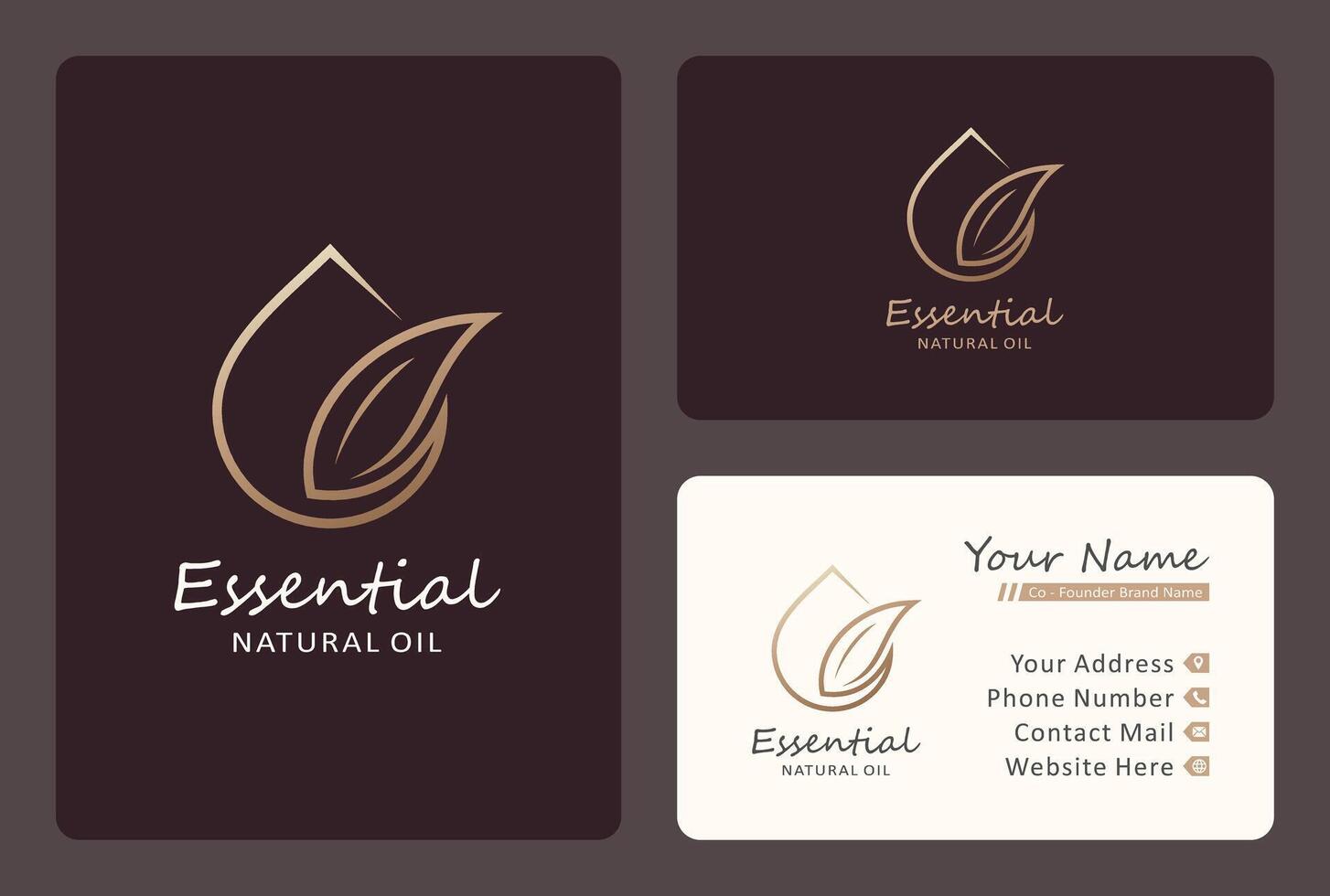 natural essential oil logo design, leaf drop symbol in golden color. vector
