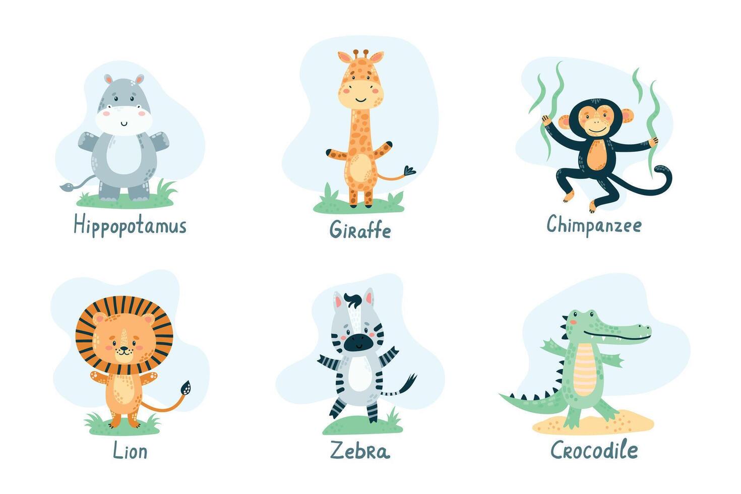 Childrens cute animal set. African animals, wildlife. Cute character. Flat illustration for children vector