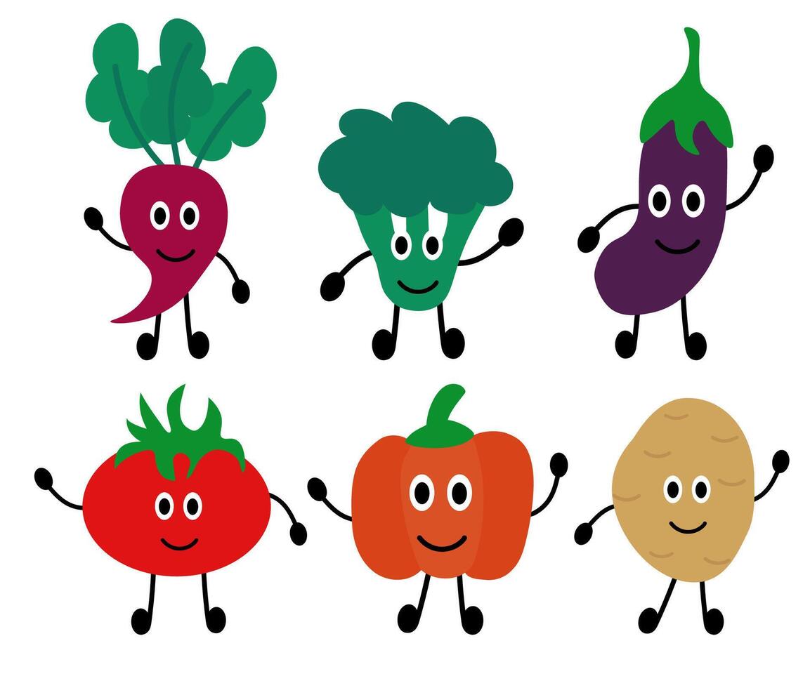 Set of funny vegetables. Concept of healthy food and products for kids. Summer element for your children design. Collection farm product. flat cartoon illustration. vector
