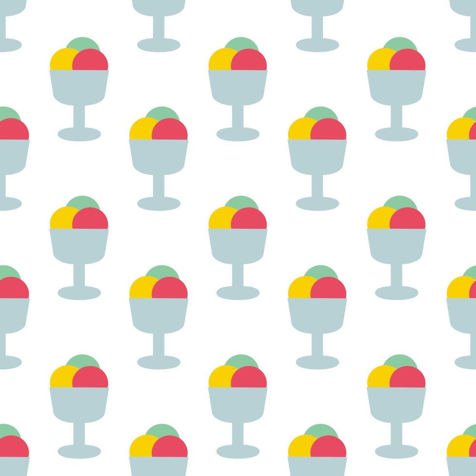 Seamless pattern. Ice cream in glass cup. Three colorful scoops. Summer time sweet food background. flat illustration. vector