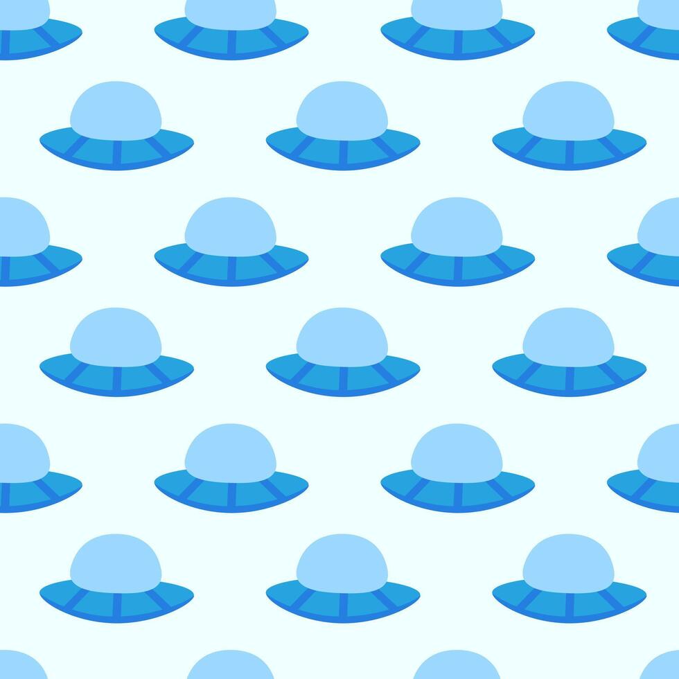 Alien blue spaceship, spacecrafts and UFO Seamless Pattern. Cosmic ship in form saucer for transportation. Children design. cartoon flat illustration. vector