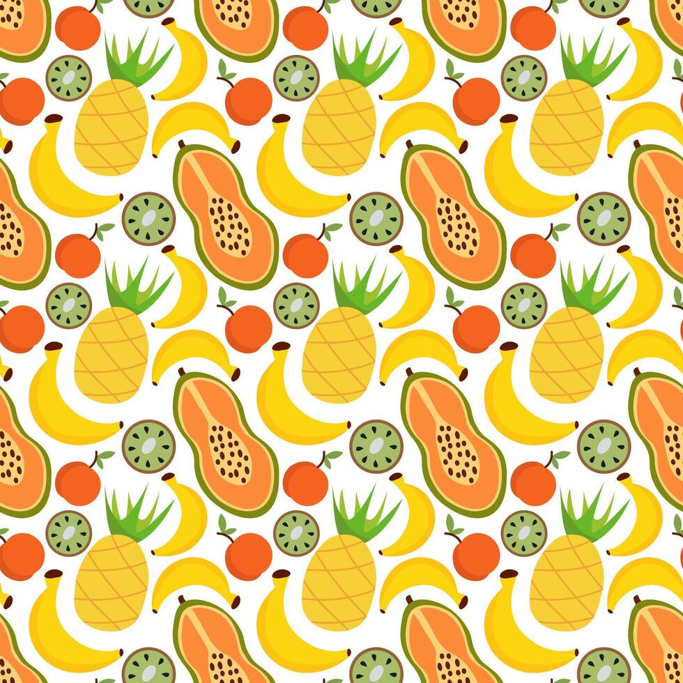 Seamless Pattern with fruits. Concept of healthy food and products. Summer food background. Pineapple, papaya, banana, kiwi, peach. flat illustration. vector