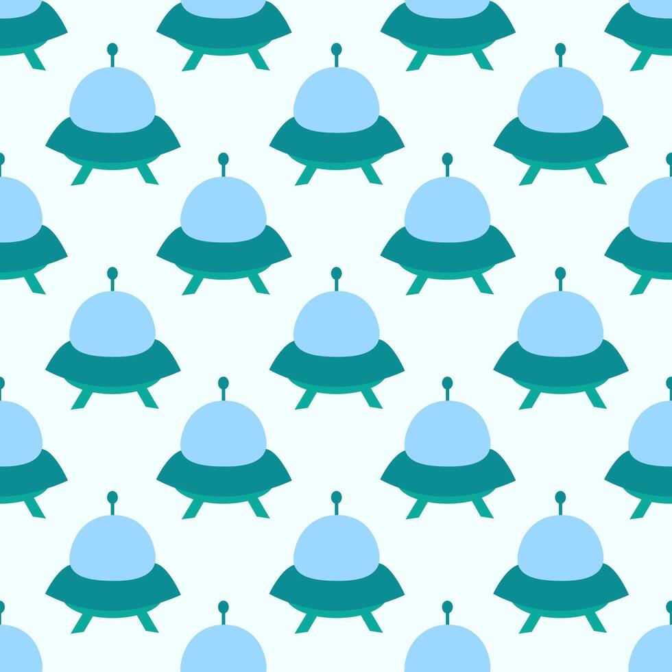 Alien spaceship, spacecrafts and UFO Seamless Pattern. Cosmic ship in form saucer for transportation. Children design. cartoon flat illustration. vector