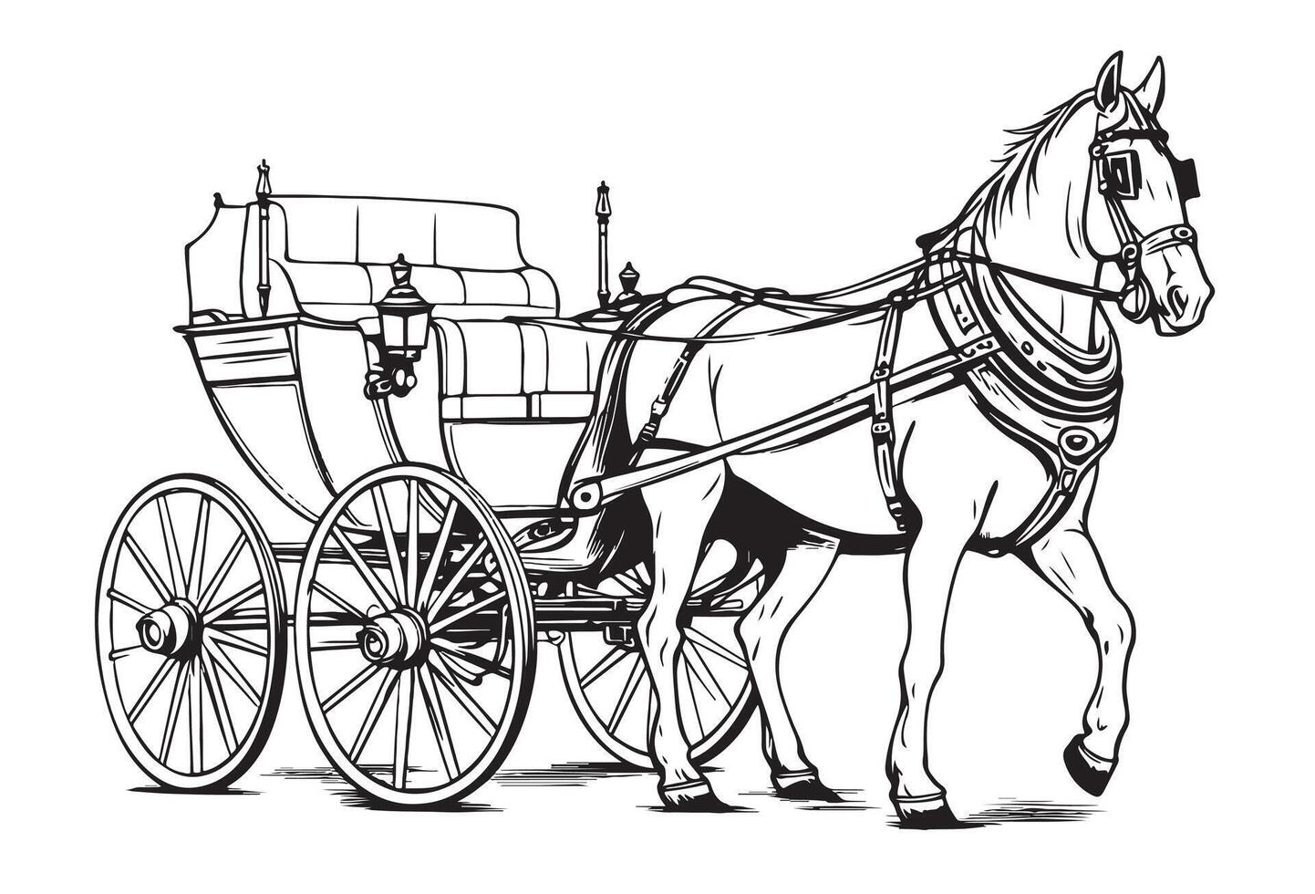 Horse carriage. Coachman on an old victorian Chariot. Animal-powered public transport. Hand drawn engraved sketch. vector