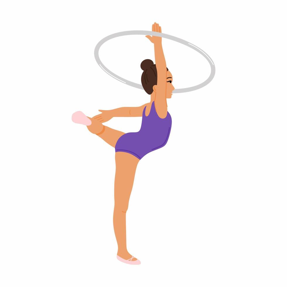 gymnast girl in a purple swimsuit does an acrobatic element vector