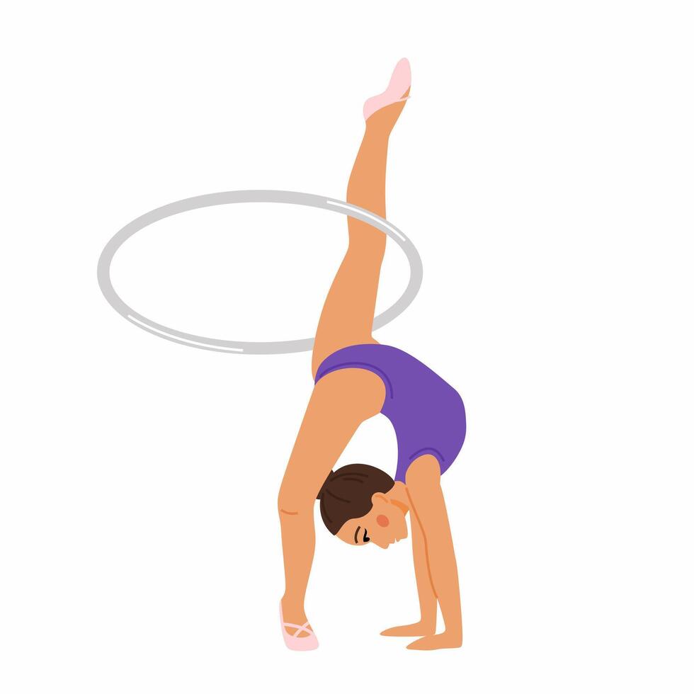 Cute pretty gymnast girl with hoop is doing an acrobatic element. vector