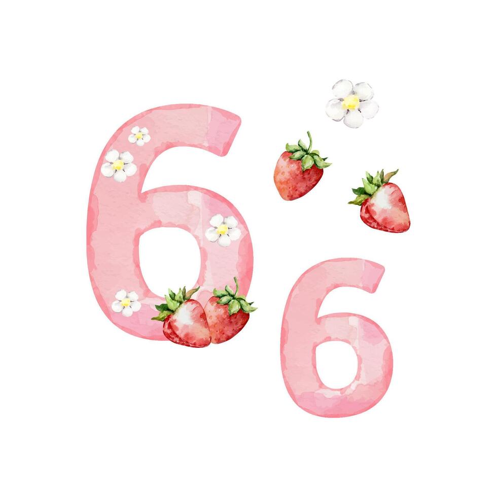 Watercolor pink number 6 with strawberry and flowers