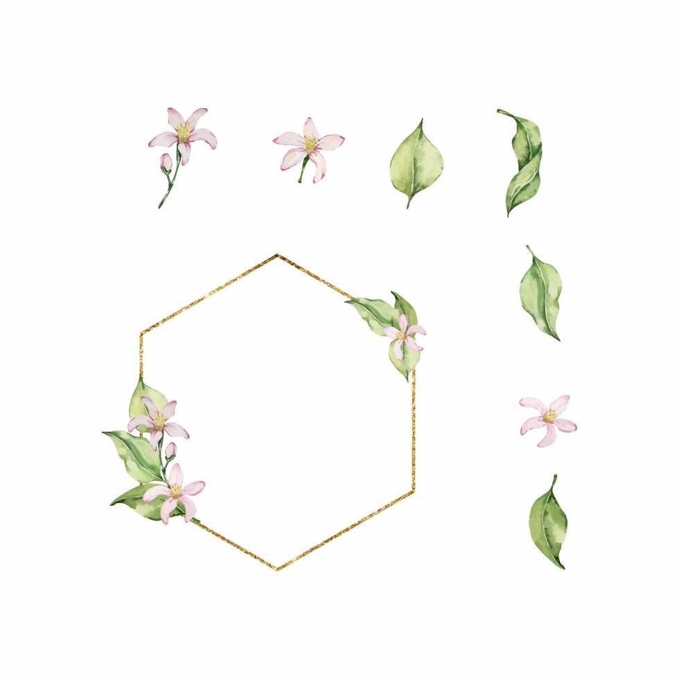 Gold frame with watercolor leaves and flowers vector