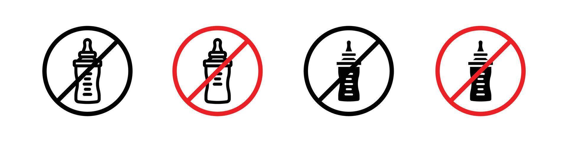 Feeding bottle forbidden warning sign icon. newborn baby child milk product feed is not allowed. stop liquid dairy food drink to kids set vector