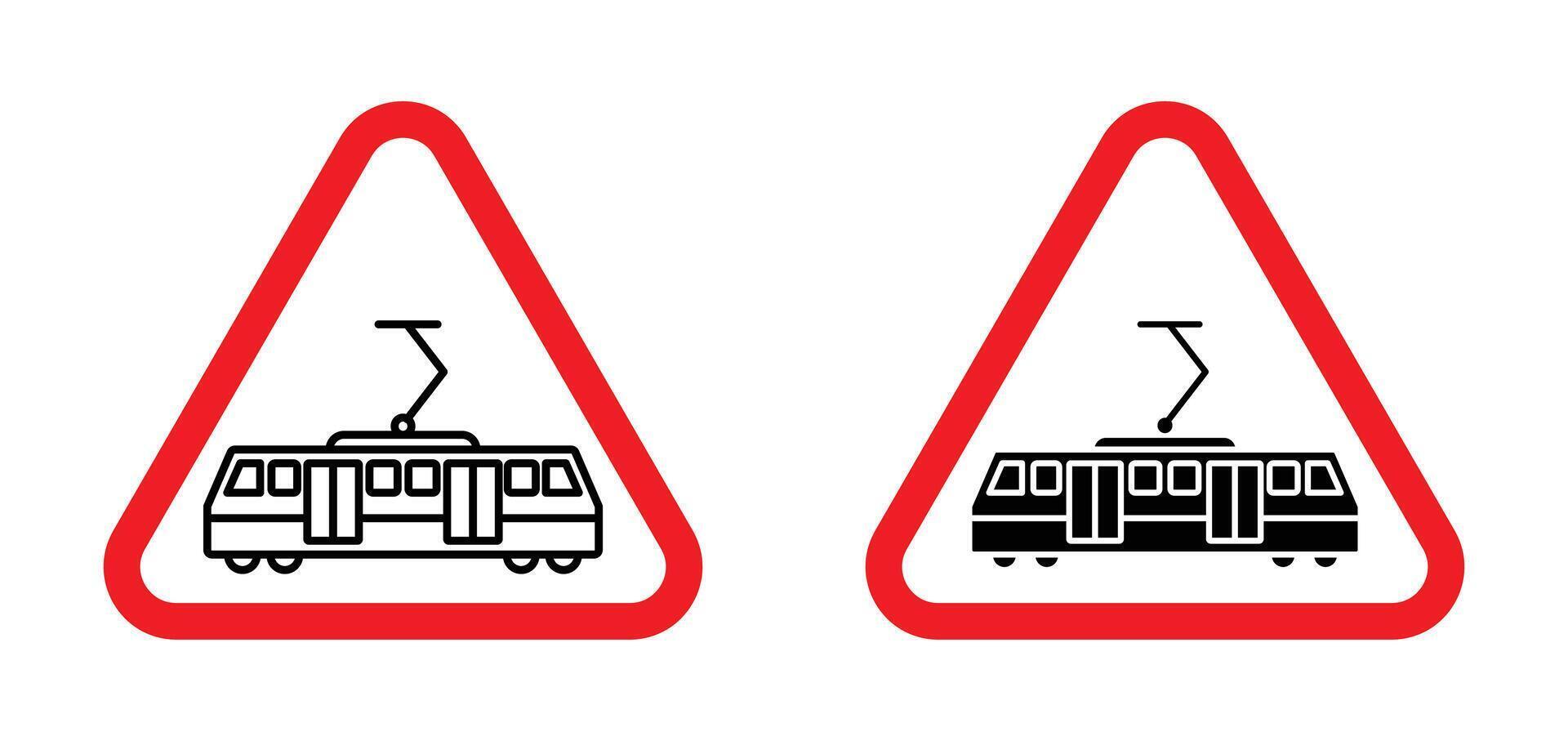 Tramway caution traffic sign indicating tram crossing and traffic awareness vector