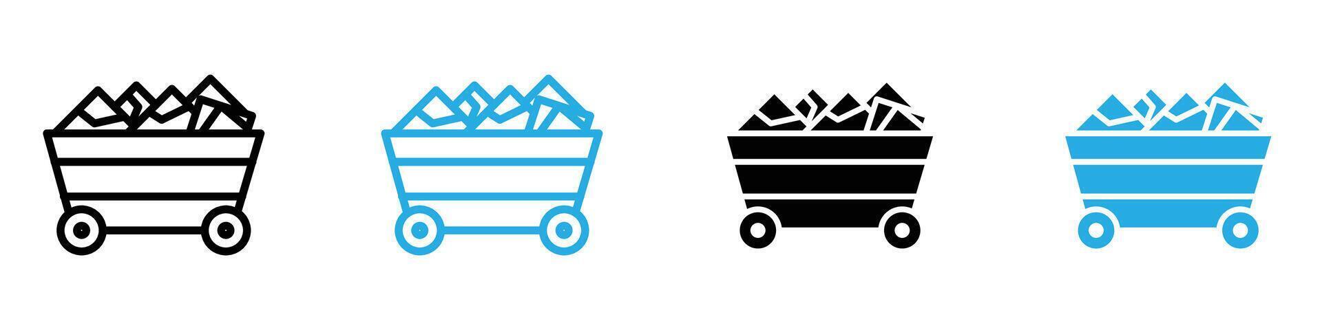 Trolley with coal icon set depicting coal transportation symbols, perfect for industrial and energy-related illustrations. vector