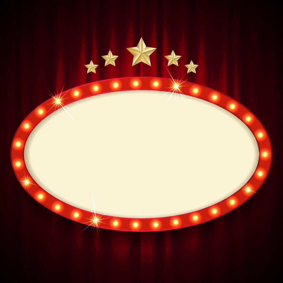 Retro style board with light bulb frame. Circle shape. Vintage theater sign vector
