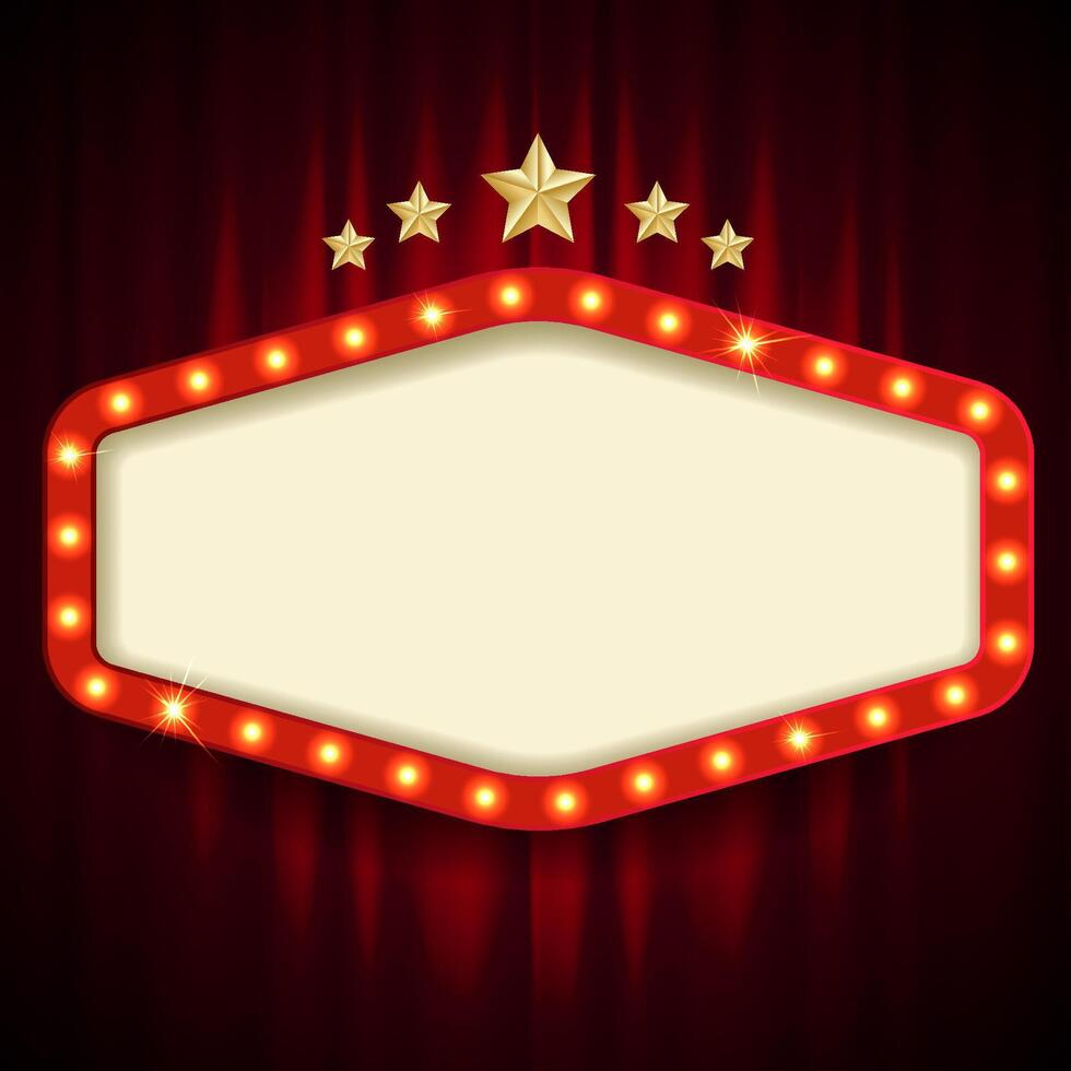 Retro style board with light bulb frame. Hexagonal shape. Vintage theater sign vector