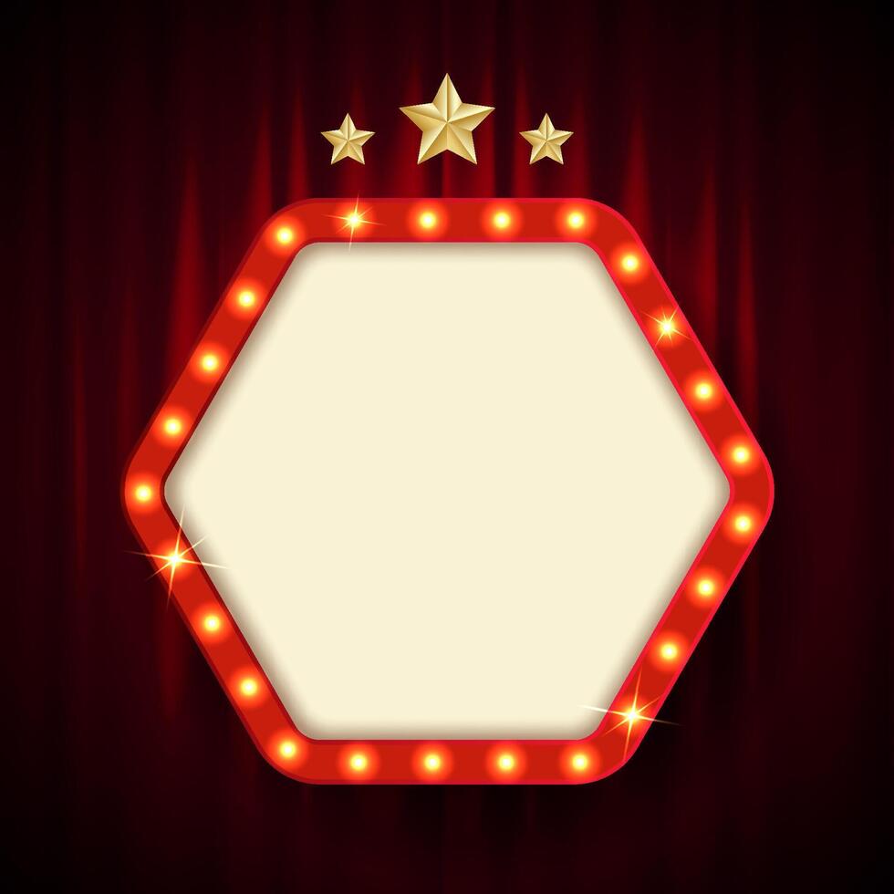 Retro style board with light bulb frame. Hexagonal shape. Vintage theater sign vector