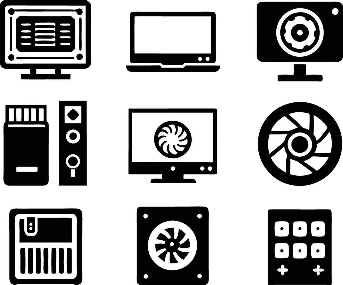 set of computer parts icon. computer, technology, electronic, hardware, device, motherboard, pc, part, equipment, component, cpu, processor, chip vector