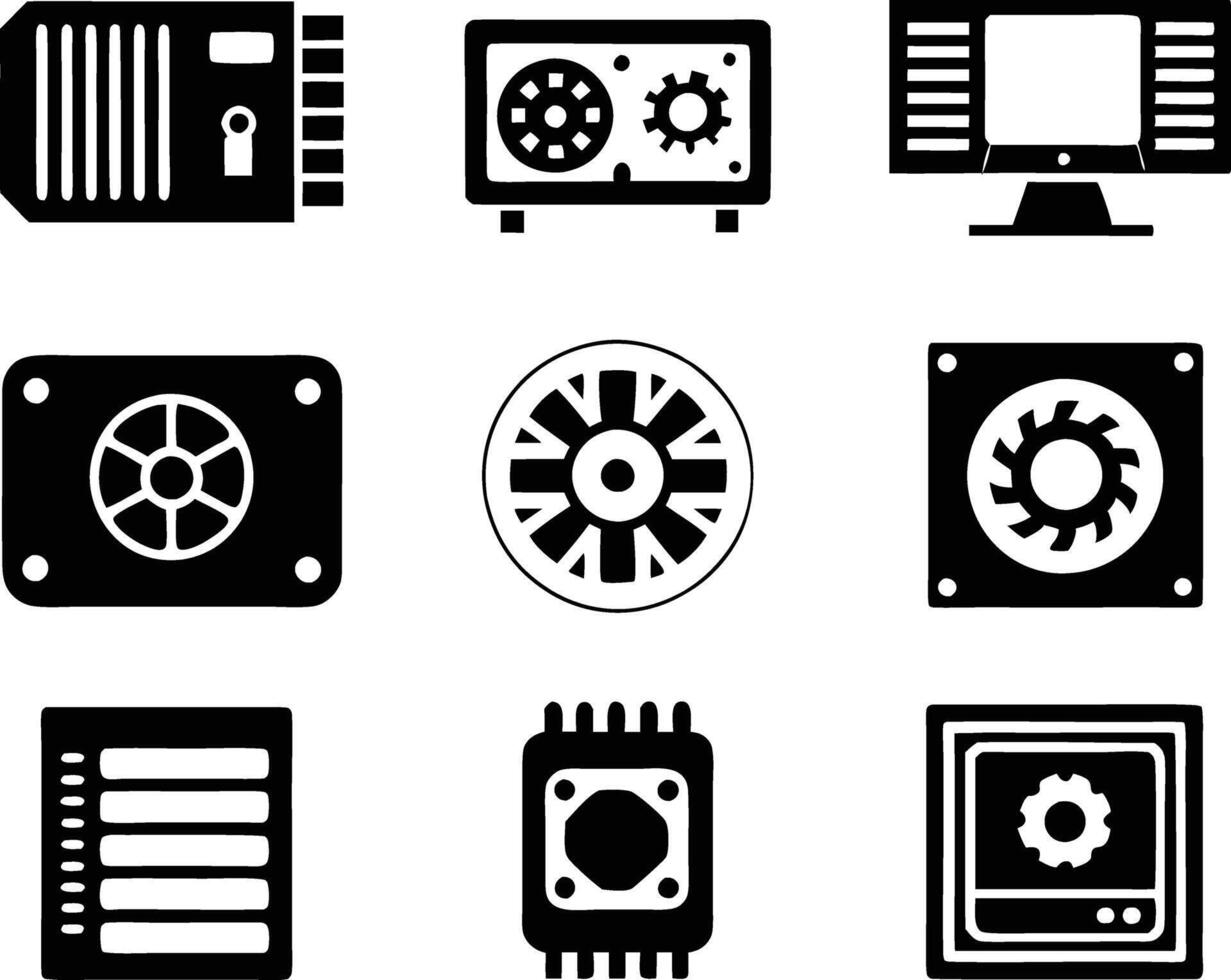 set of computer parts icon. computer, technology, electronic, hardware, device, motherboard, pc, part, equipment, component, cpu, processor, chip vector