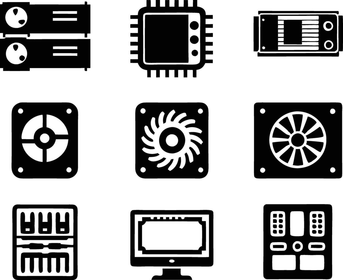set of computer parts icon. computer, technology, electronic, hardware, device, motherboard, pc, part, equipment, component, cpu, processor, chip vector