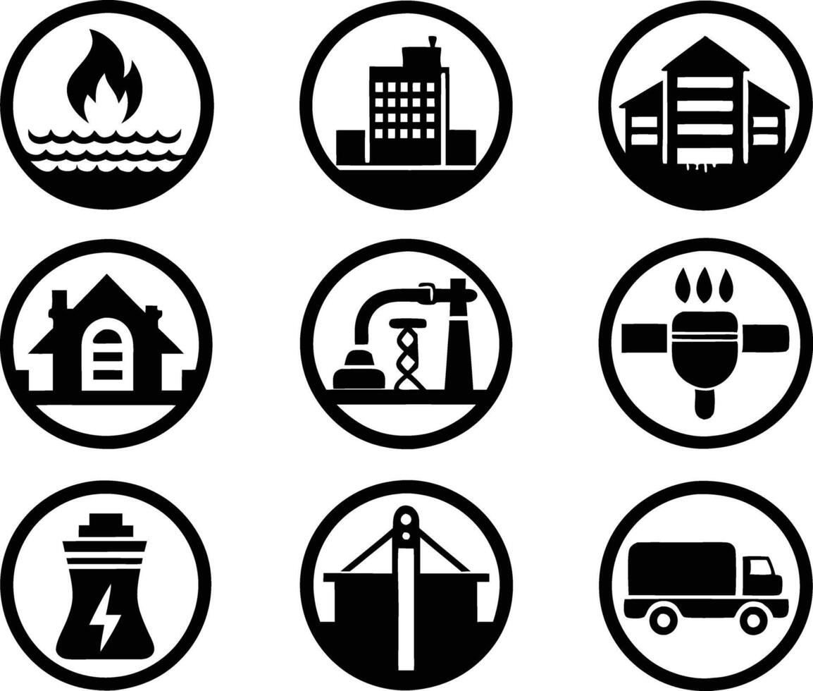 set of Public utilities icons illustration. communication, logo, equipment, housing, technology, cost, fire, recycling vector