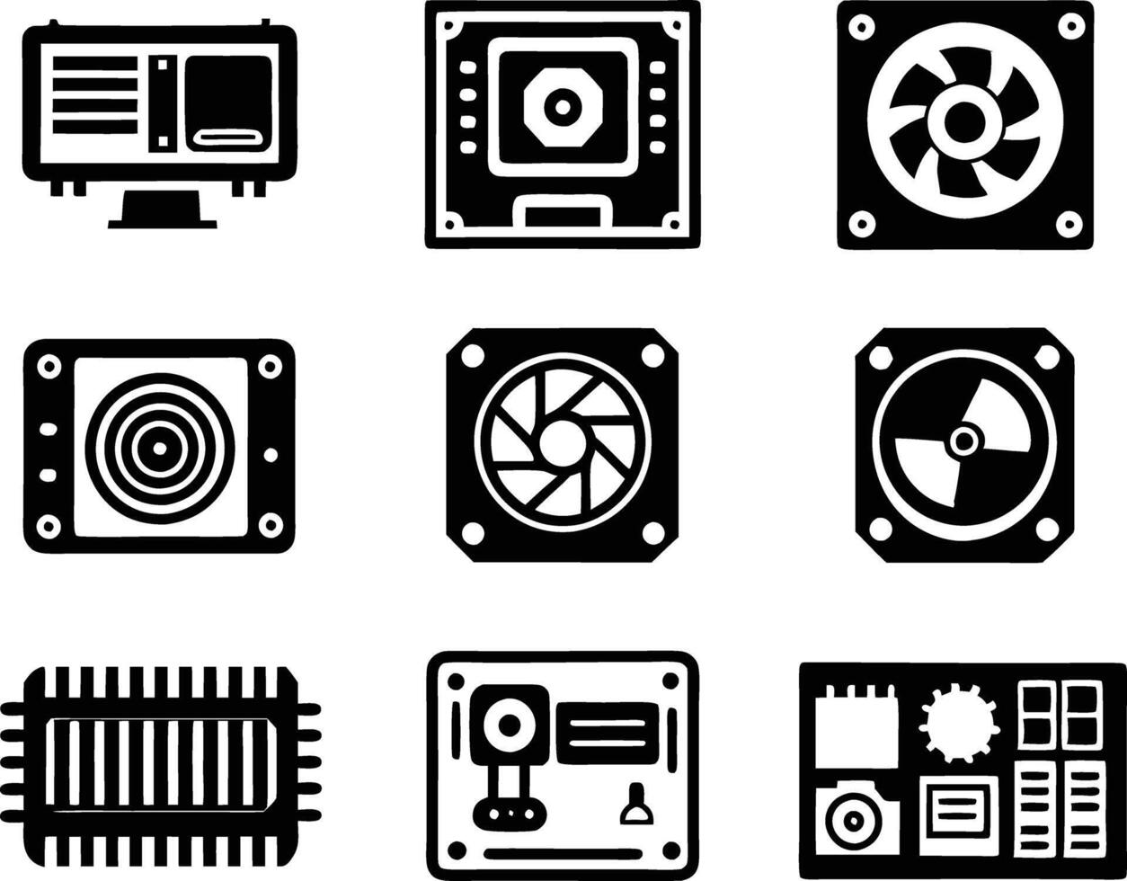 set of computer parts icon. computer, technology, electronic, hardware, device, motherboard, pc, part, equipment, component, cpu, processor, chip vector