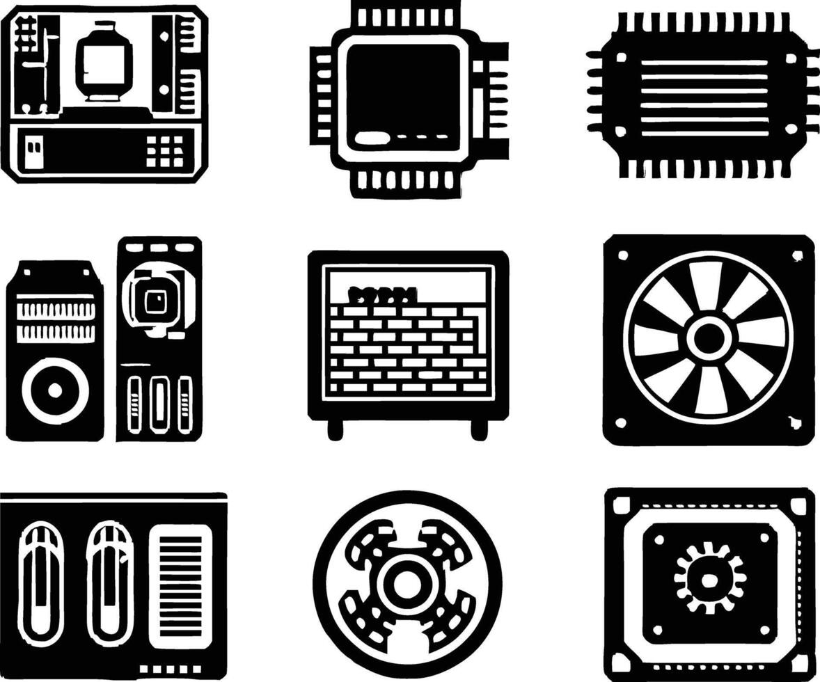 set of computer parts icon. computer, technology, electronic, hardware, device, motherboard, pc, part, equipment, component, cpu, processor, chip vector