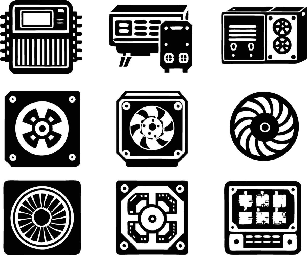 set of computer parts icon. computer, technology, electronic, hardware, device, motherboard, pc, part, equipment, component, cpu, processor, chip vector