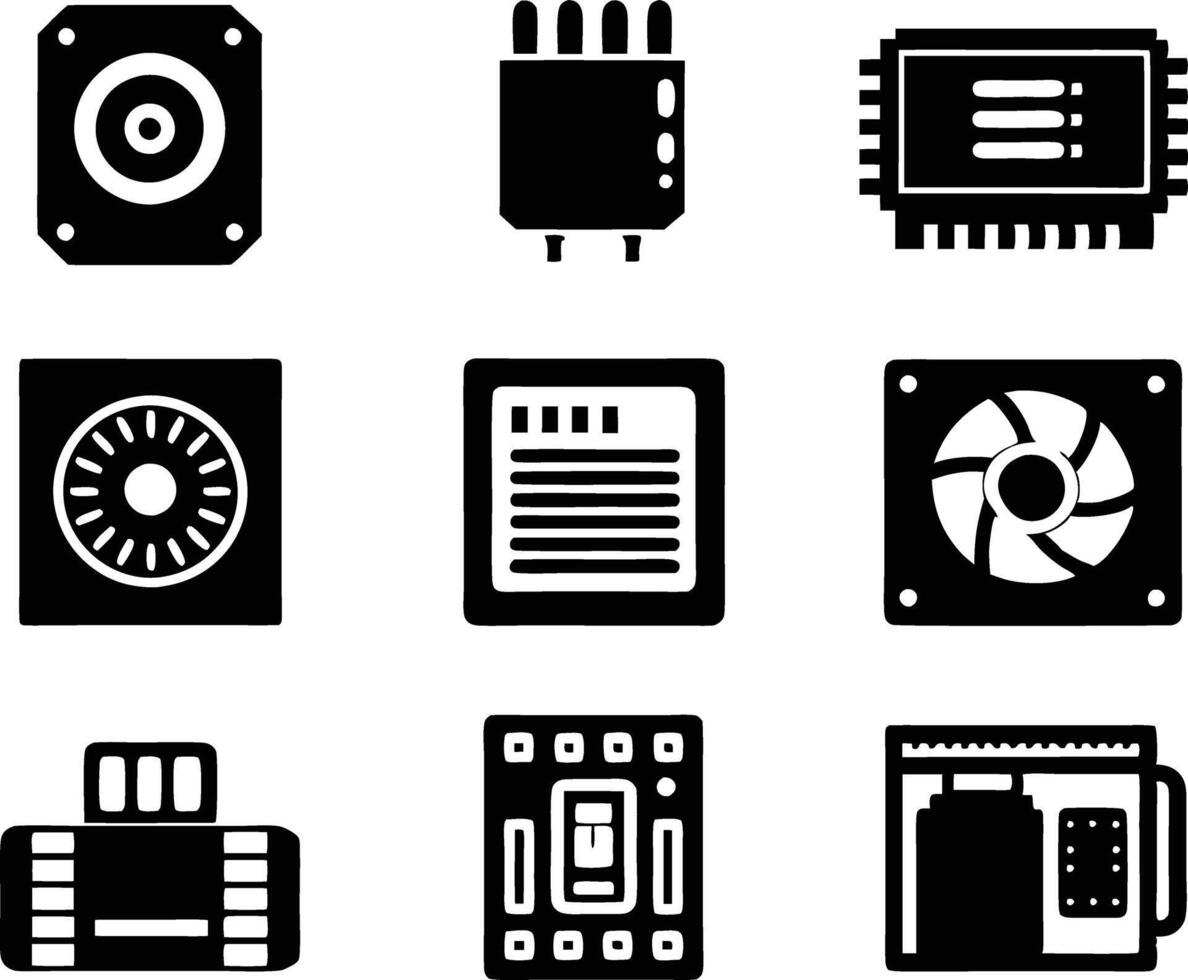 set of computer parts icon. computer, technology, electronic, hardware, device, motherboard, pc, part, equipment, component, cpu, processor, chip vector