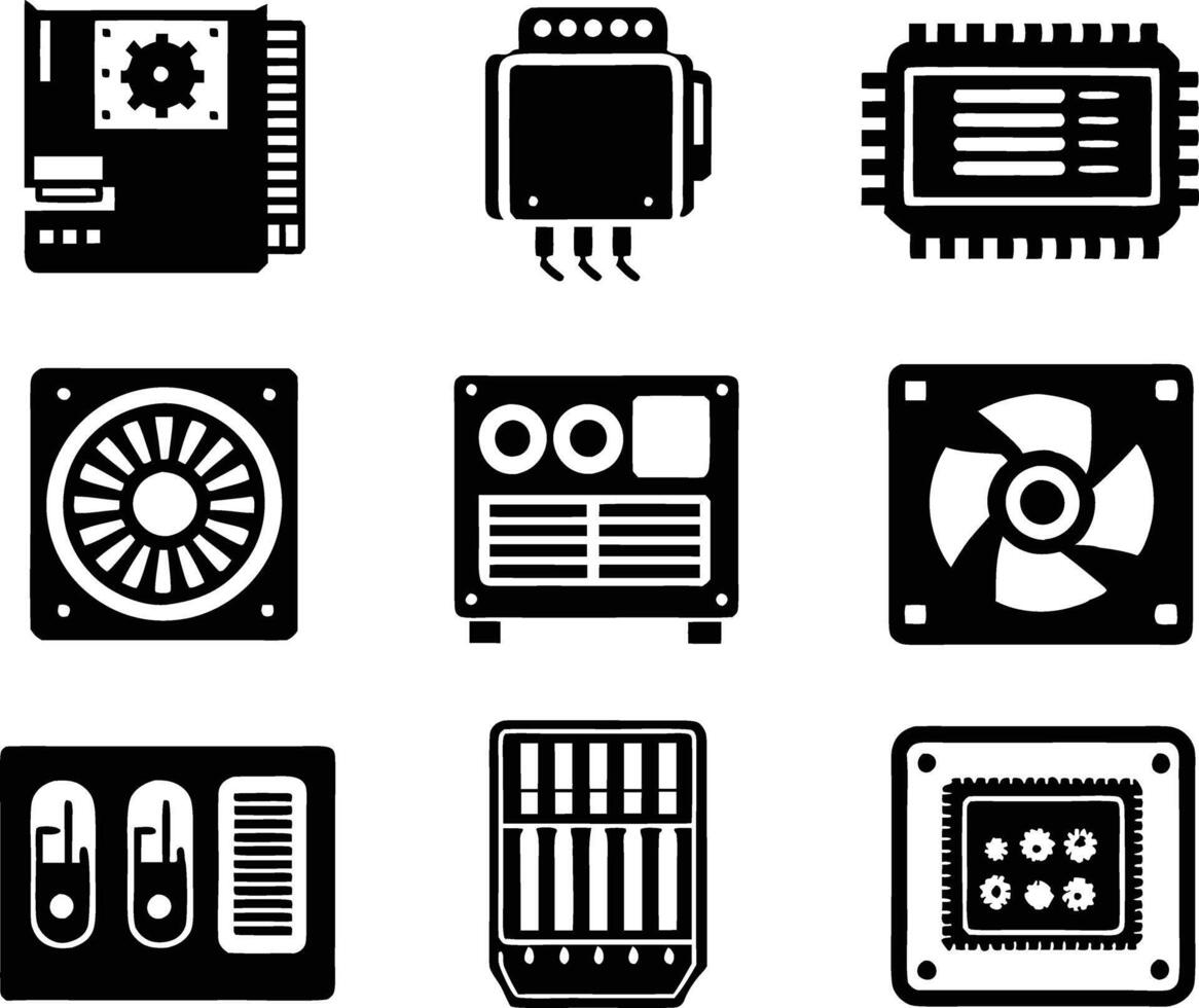 set of computer parts icon. computer, technology, electronic, hardware, device, motherboard, pc, part, equipment, component, cpu, processor, chip vector