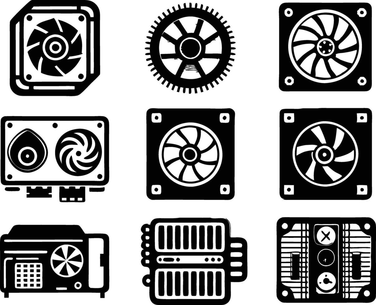 set of computer parts icon. computer, technology, electronic, hardware, device, motherboard, pc, part, equipment, component, cpu, processor, chip vector