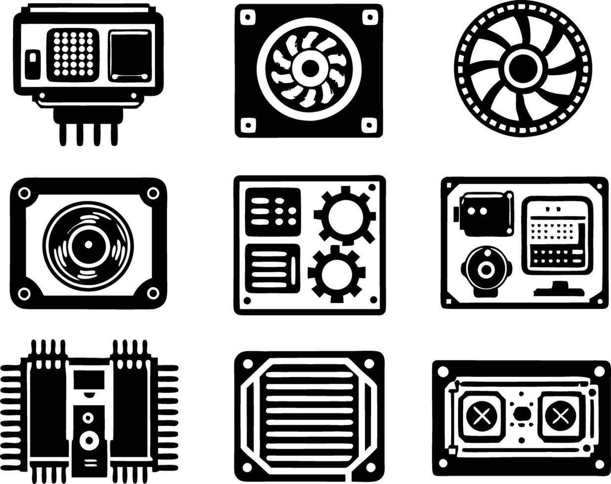 set of computer parts icon. computer, technology, electronic, hardware, device, motherboard, pc, part, equipment, component, cpu, processor, chip vector