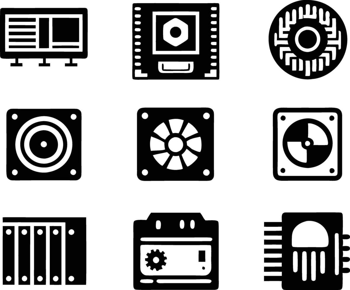 set of computer parts icon. computer, technology, electronic, hardware, device, motherboard, pc, part, equipment, component, cpu, processor, chip vector